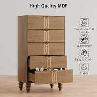 Commode Garvee à 5 tiroirs, motif vintage, en MDF, poignées dorées, idéale pour la chambre et le salon. Grande taille et résistante.