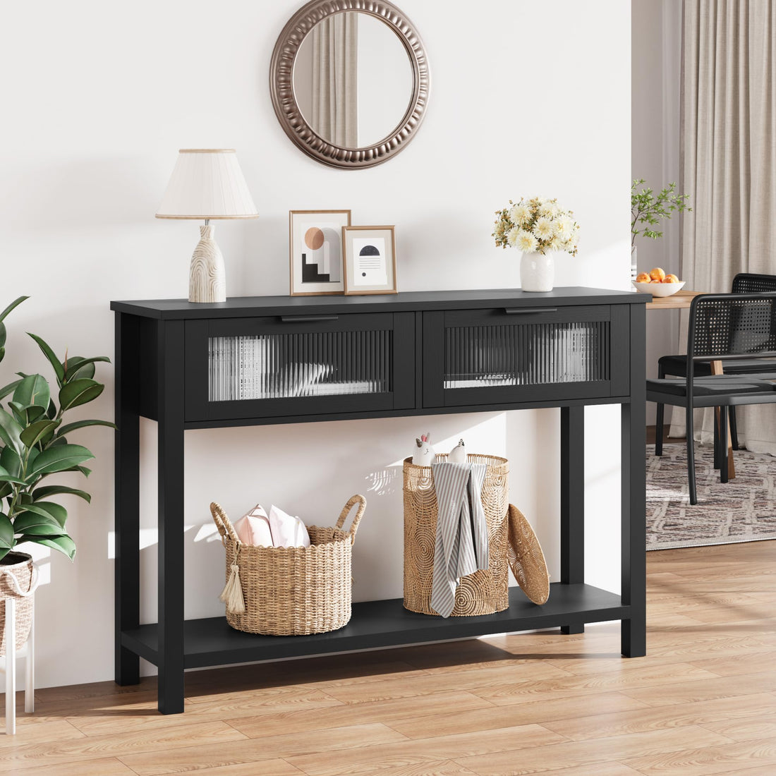 Console d'entrée Garvee, en bois avec 2 tiroirs en verre, offrant un espace de rangement, en MDF noir, idéale pour le salon ou le couloir, 110 x 30 x 80 cm.