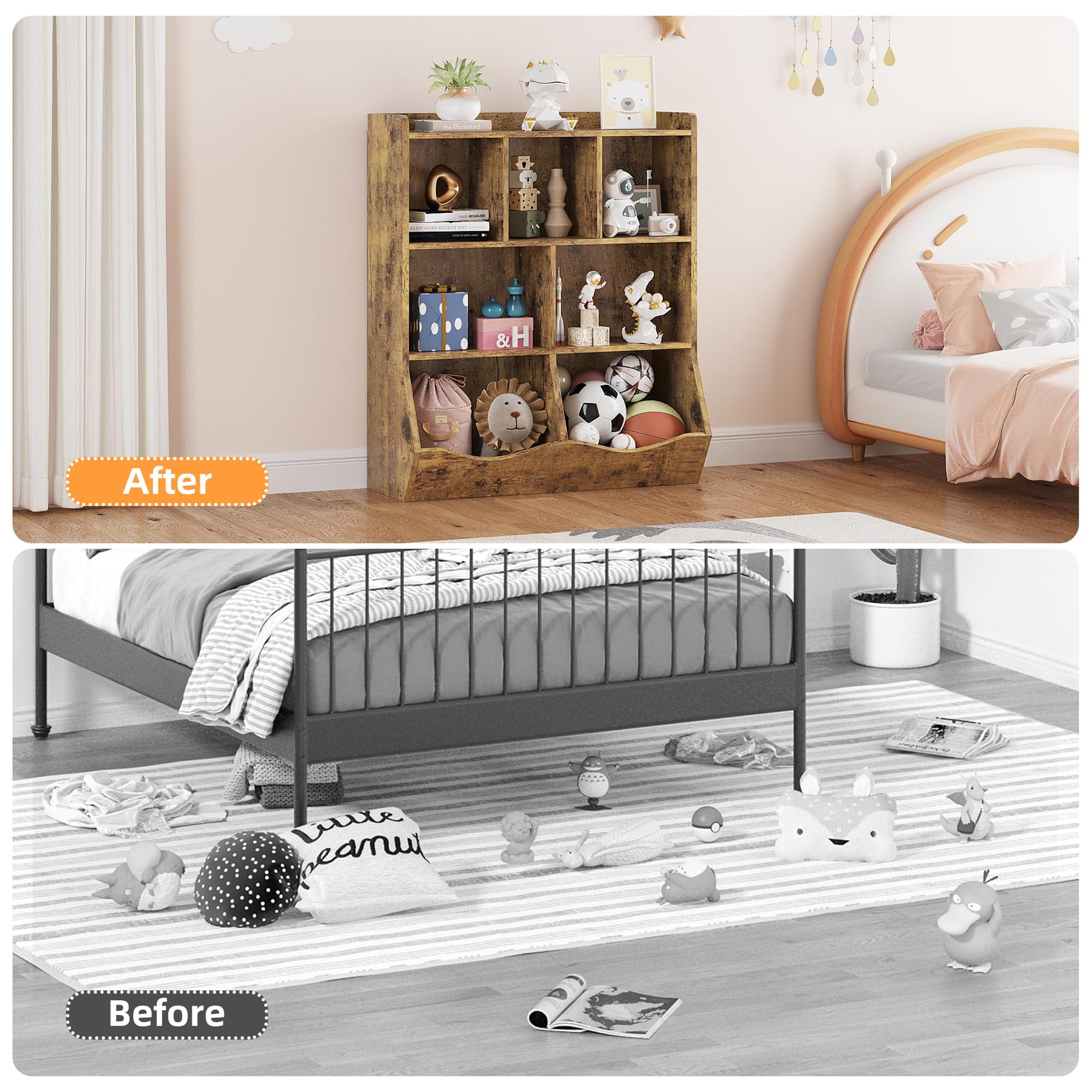 Armoire à jouets Garvee marron rustique à 3 étagères, protection anti-basculement pour chambres d'enfants et salles de jeux, en bois robuste et sécurisée pour les enfants.