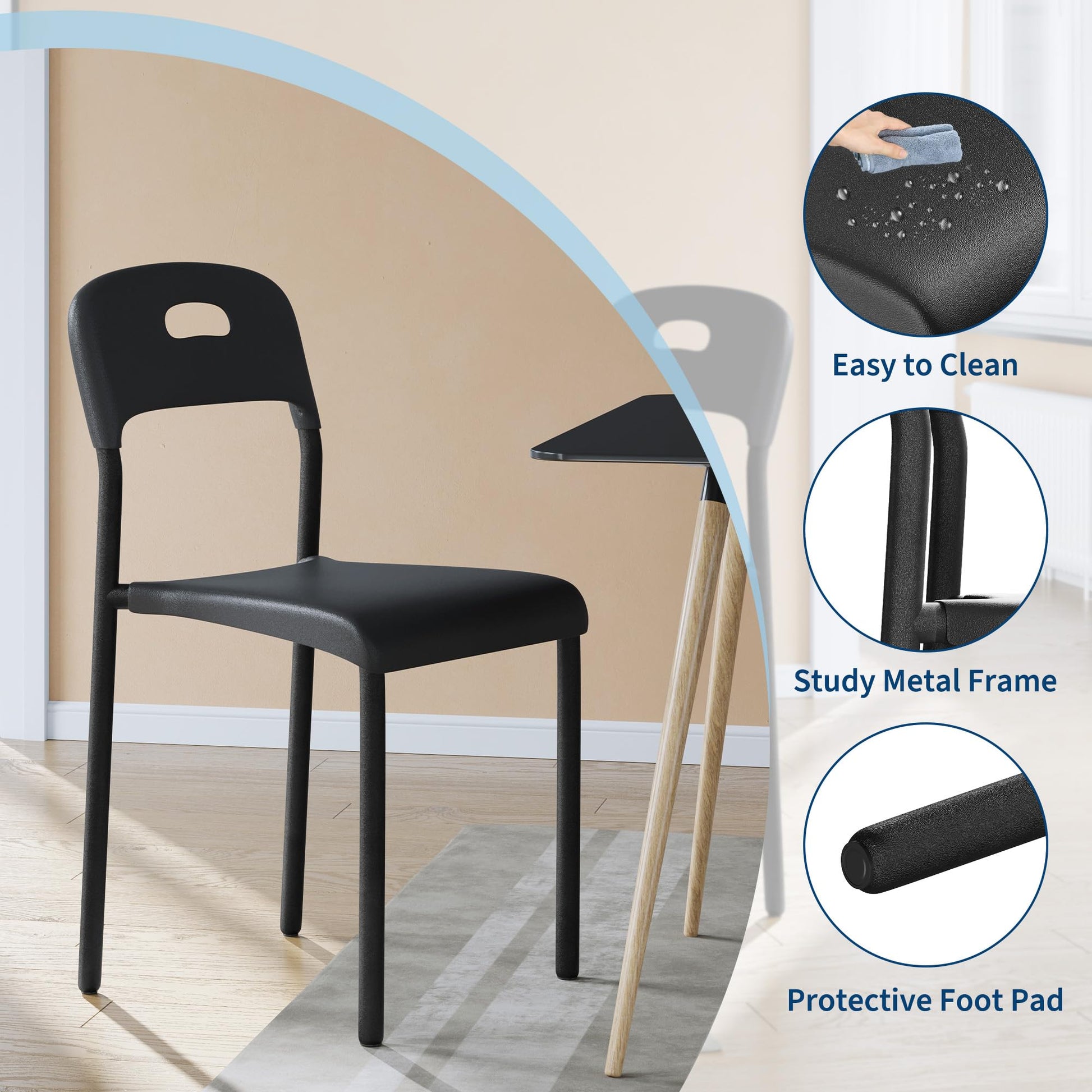 Chaises de salle à manger Garvee, lot de 2, empilables, design moderne, pieds en plastique et métal, pour une utilisation intérieure et extérieure, noires