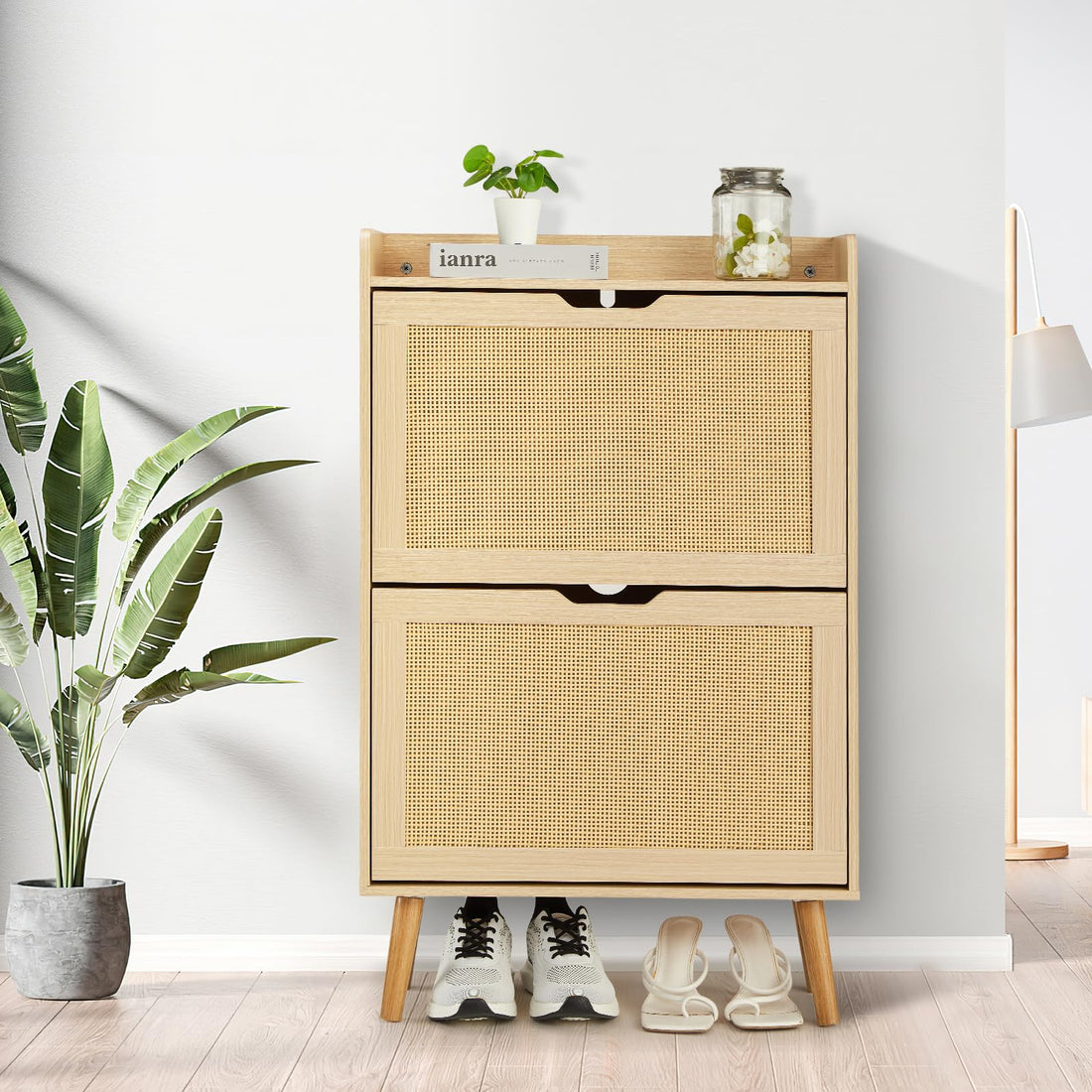 Meuble à chaussures Garvee avec 2 tiroirs pliables en rotin pour entrée et couloir, 98 x 60 x 23,5 cm, inodore, gain de place