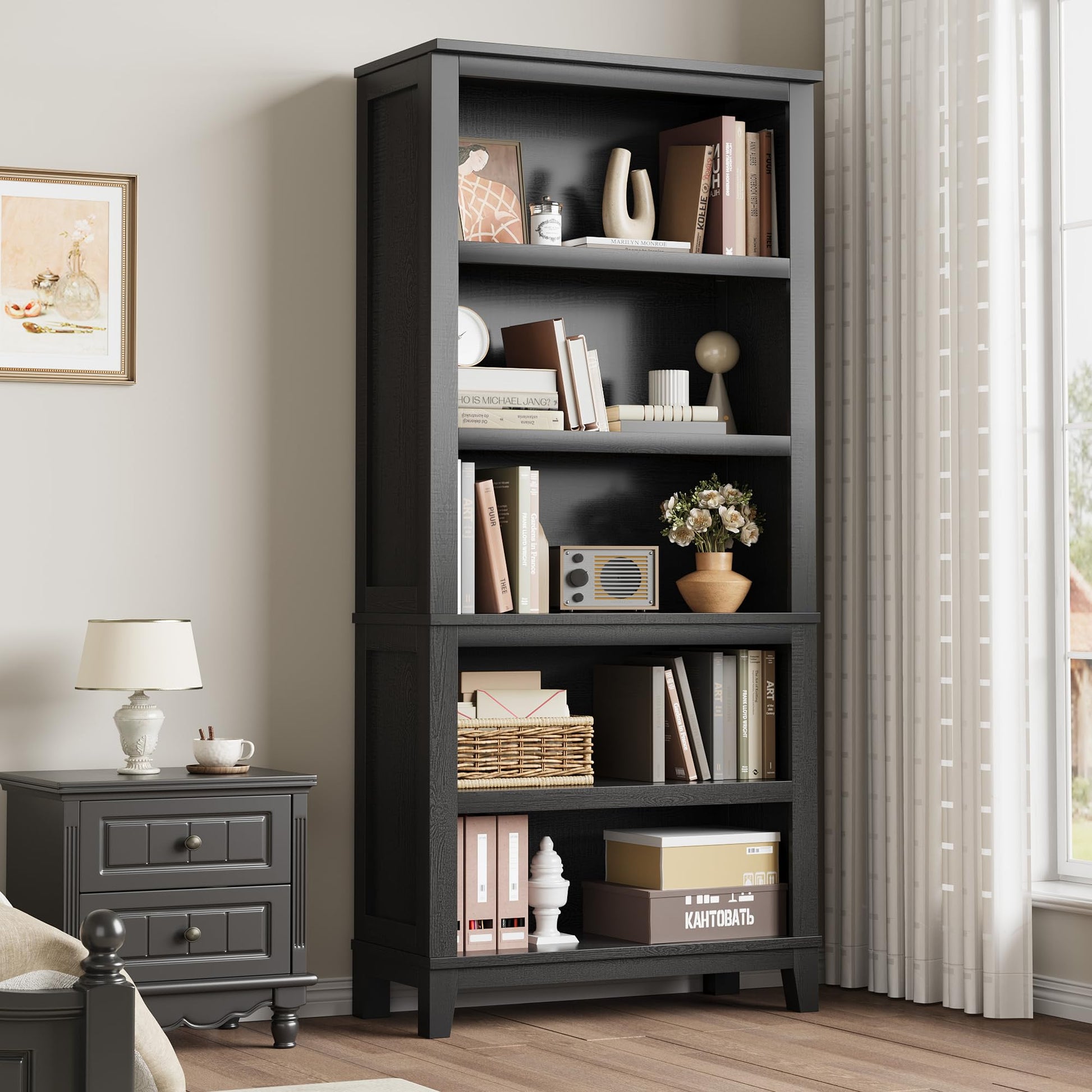 Garvee Bibliothèque farmhouse noire 180 cm, largeur 80 cm, 5 niveaux avec étagères réglables et pieds en bois, style rustique vintage pour salon, bureau et bibliothèque