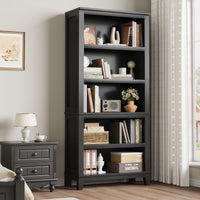 Garvee Bibliothèque farmhouse noire 180 cm, largeur 80 cm, 5 niveaux avec étagères réglables et pieds en bois, style rustique vintage pour salon, bureau et bibliothèque