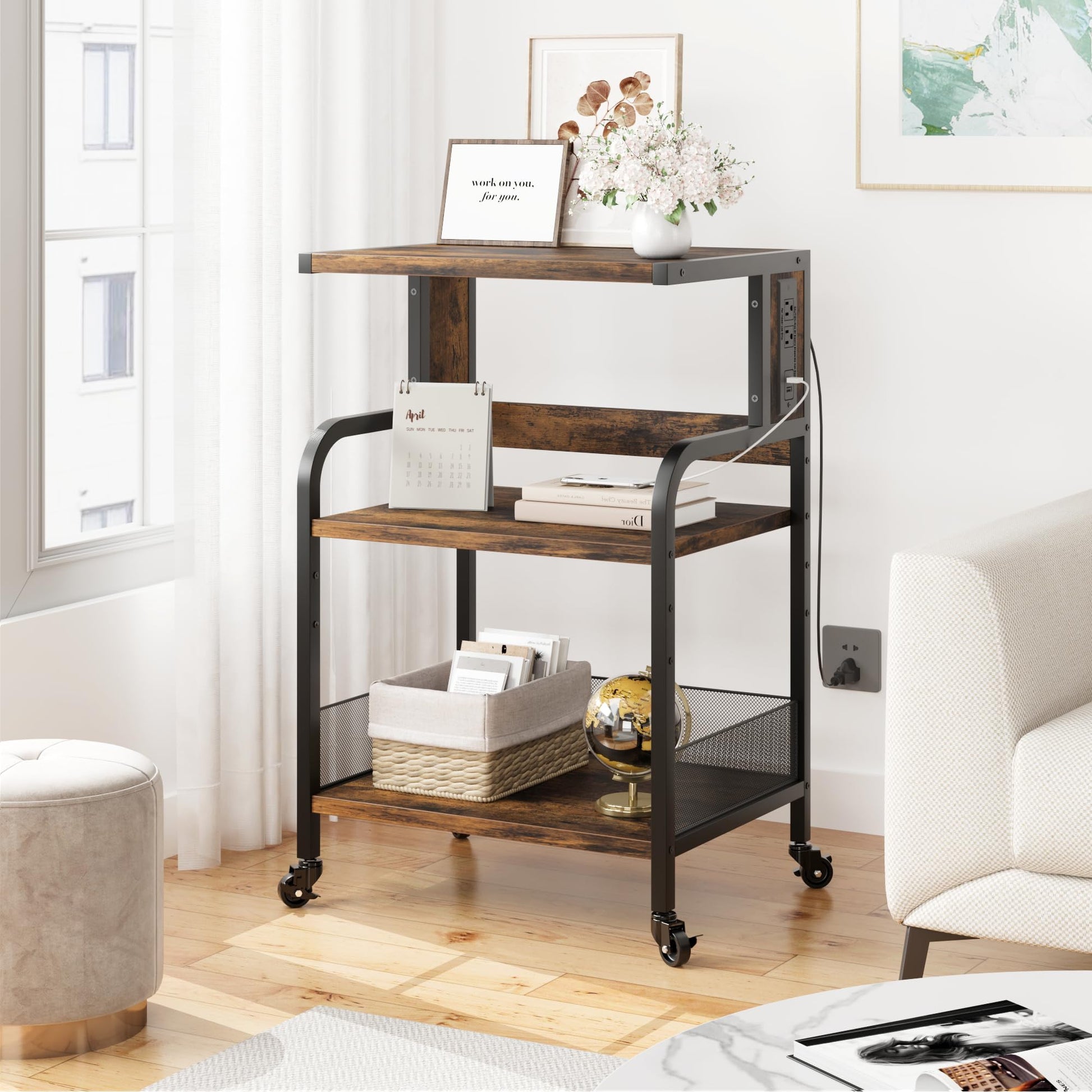 Garvee support pour imprimante mobile grand format avec prises de courant et ports usb pour le bureau et la maison, 52 × 40 × 80 cm, structure en métal et bois MDF vert