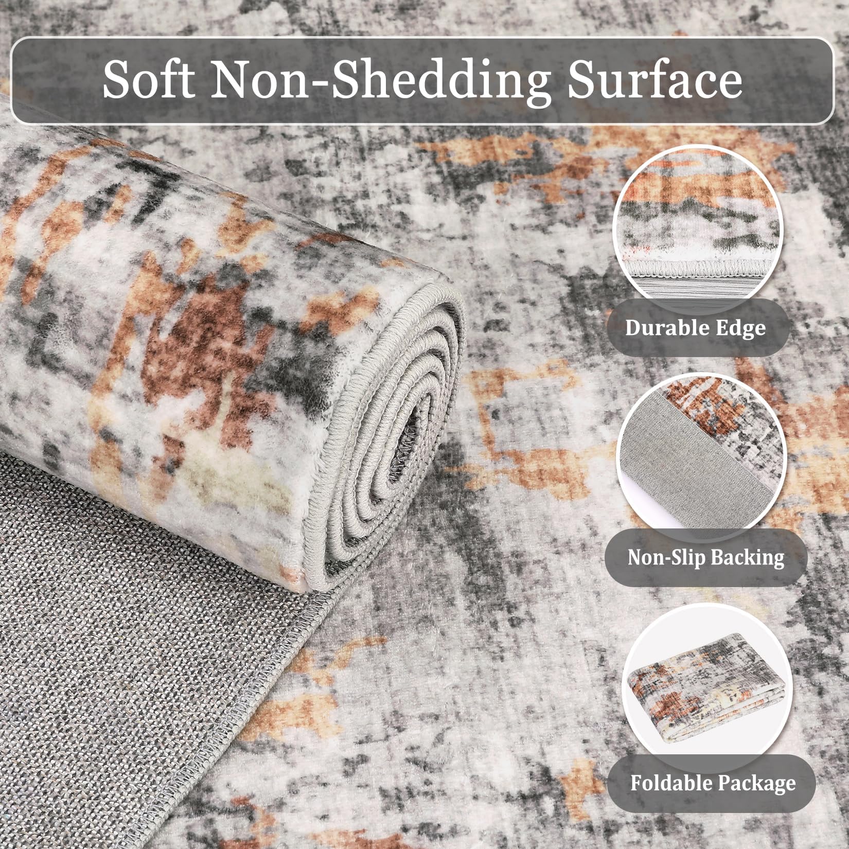 Tapis lavable Garvee, moderne à poils courts, antidérapant, pliable, pour salon, chambre, salle à manger, couloir, cuisine, salle de bain, orange/gris