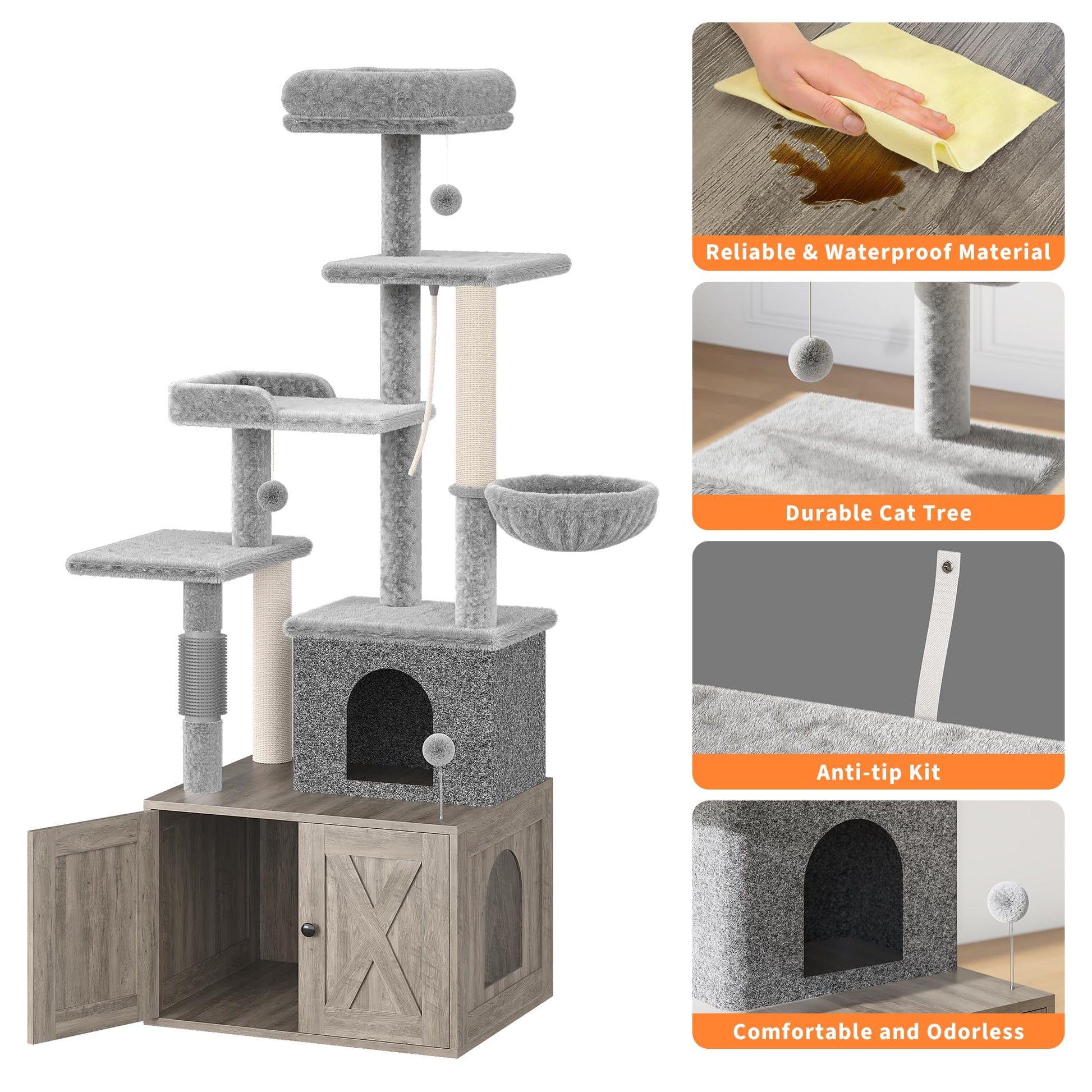 Enclos pour litière Garvee avec arbre à chat 2 en 1, mobilier pour chat en bois gris inodore, mobilier d'intérieur pour chat