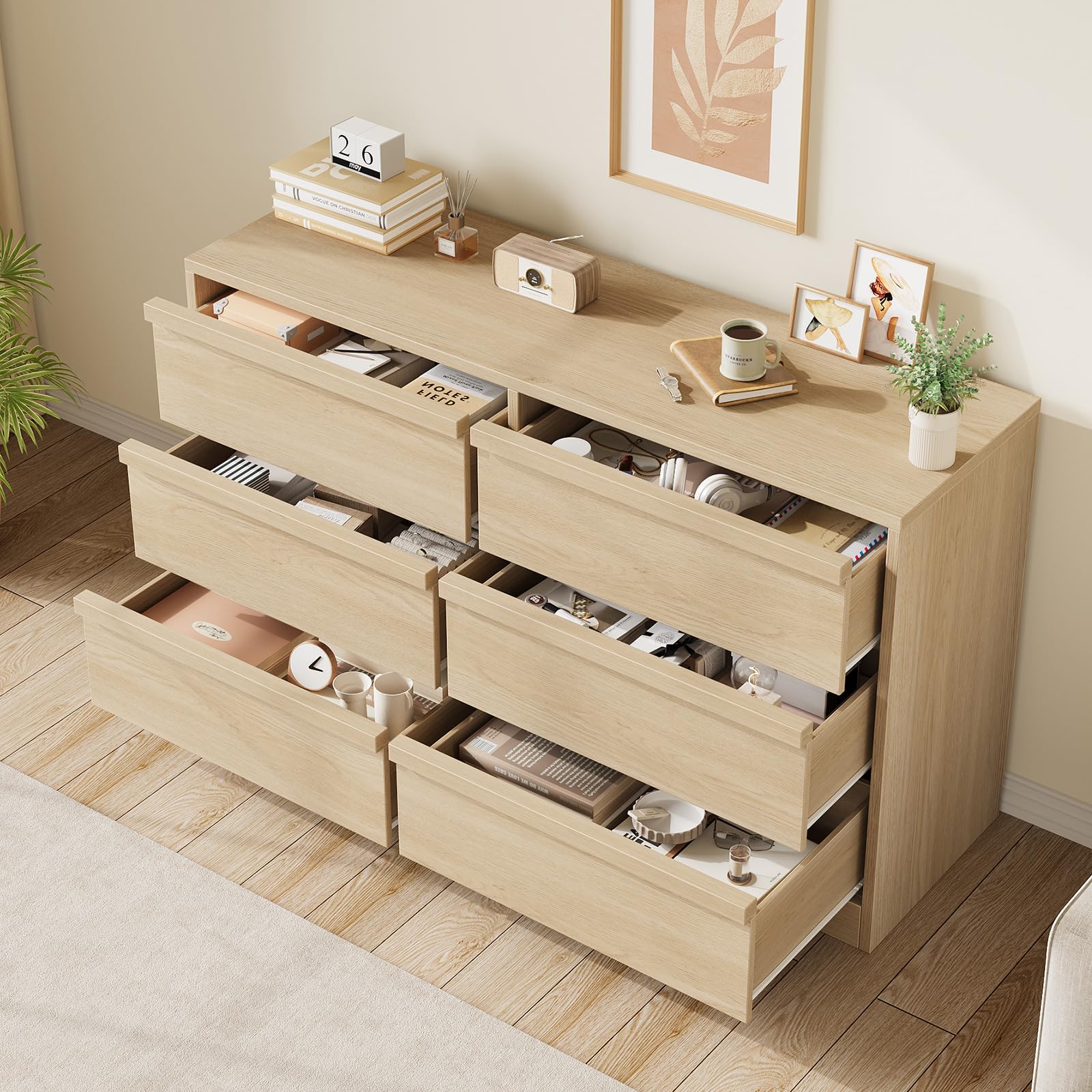 Commode Garvee à 6 tiroirs, chêne naturel, offrant un grand espace de rangement pour la chambre et le salon, 119 x 40 x 75 cm (46,7 po x 15,9 po x 29,3 po)
