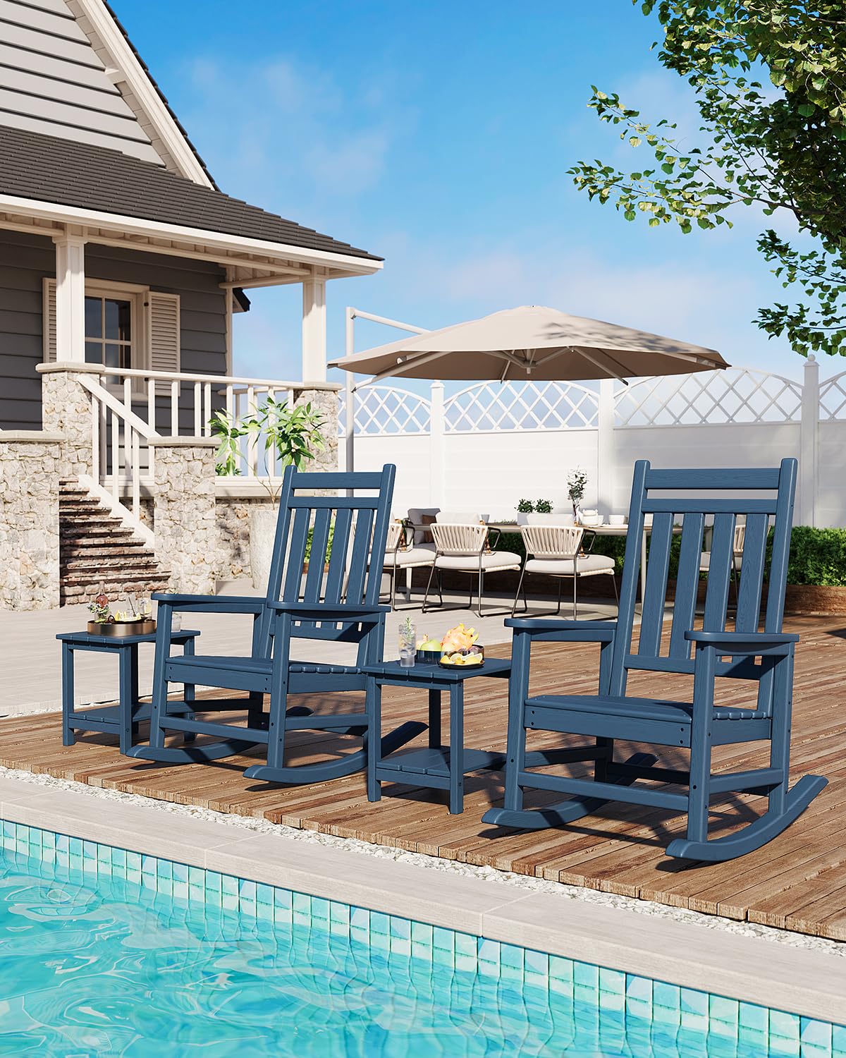 Garvee Chaise à bascule d’extérieur en PEHD effet bois, dossier haut, charge 172 kg, résistante aux intempéries, bleu marine, terrasse et patio