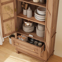 Meuble de rangement de cuisine Garvee avec 2 portes en rotin, 2 étagères réglables, hauteur 162,5 cm, en noyer, style campagnard, idéal pour le salon et la salle à manger.