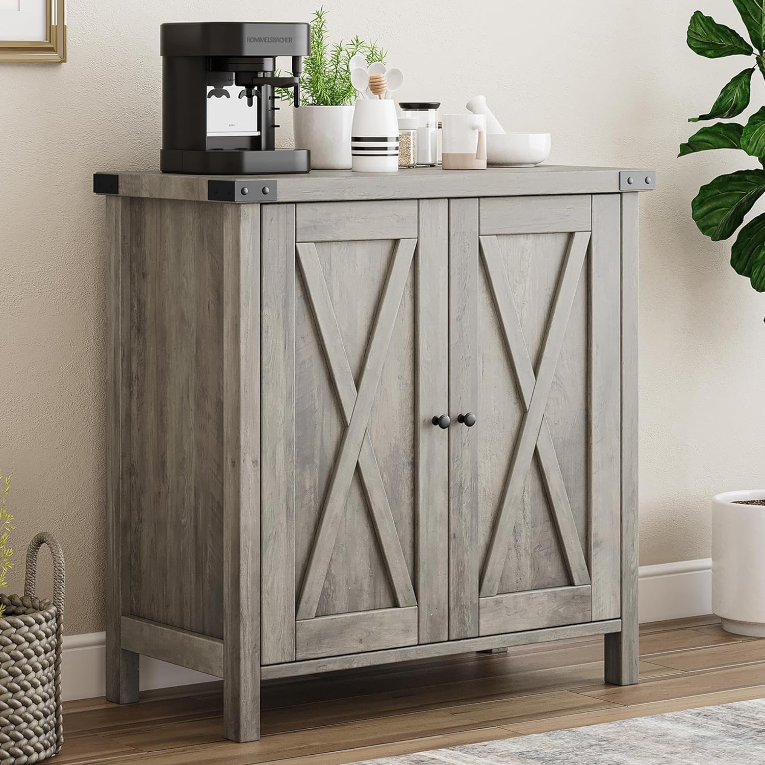 Garvee petit meuble de rangement, style campagne, avec 2 portes et étagères réglables, 76 × 40 × 80 cm, gris rustique, idéal pour le salon et la salle à manger