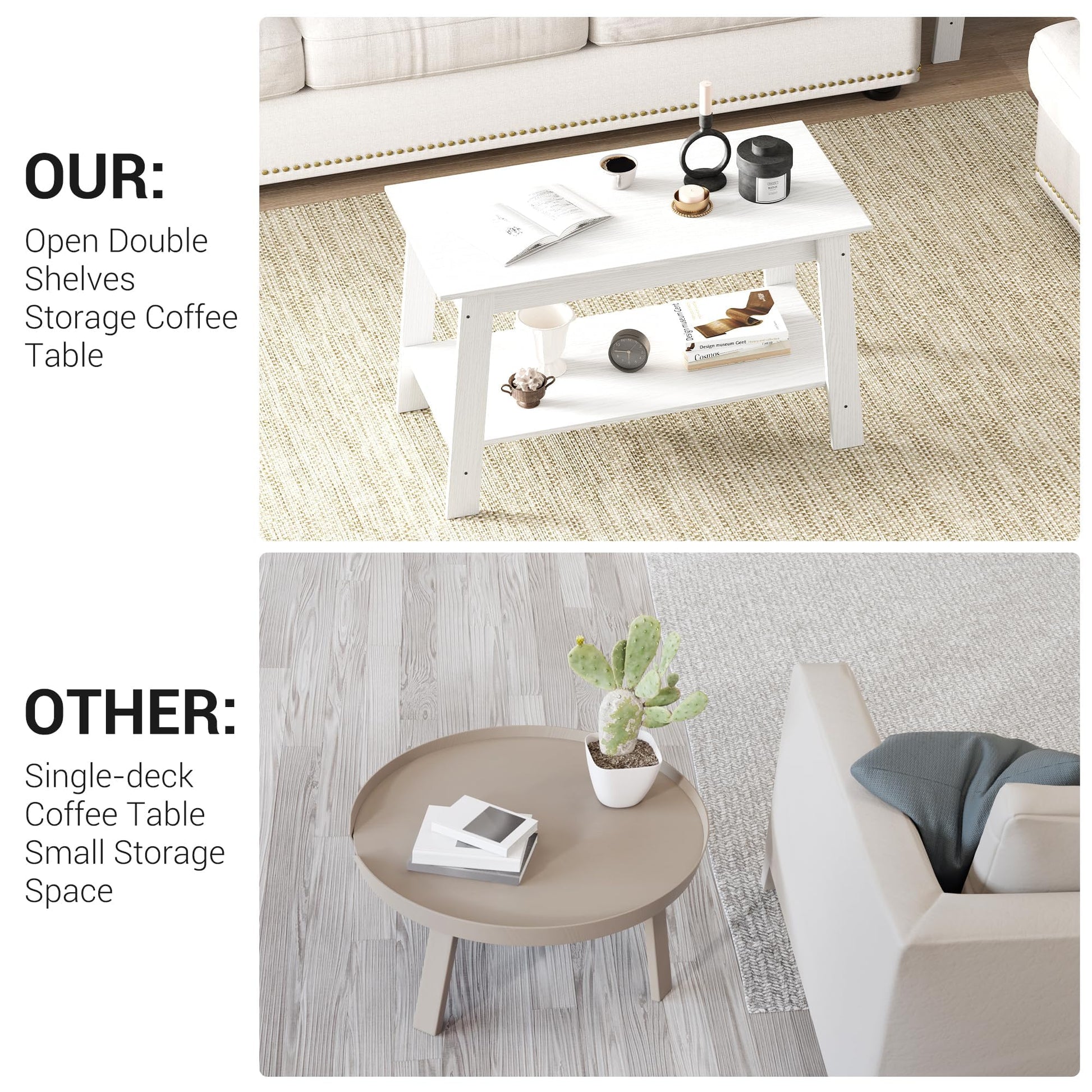 Garvee table basse 80 cm, style rustique moderne, 2 niveaux, bois blanc, rectangulaire, idéale pour salon, bureau ou chambre