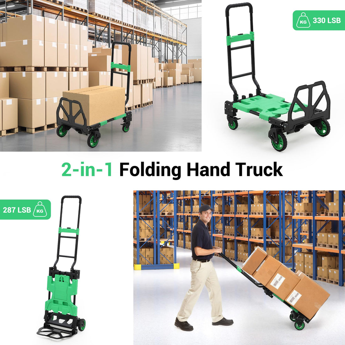 Garvee Chariot Pliable 2 en 1 avec Panier et Poignée Réglable, Charge 150 kg, Métal Robuste, Roues Silencieuses, pour Courses et Déménagements