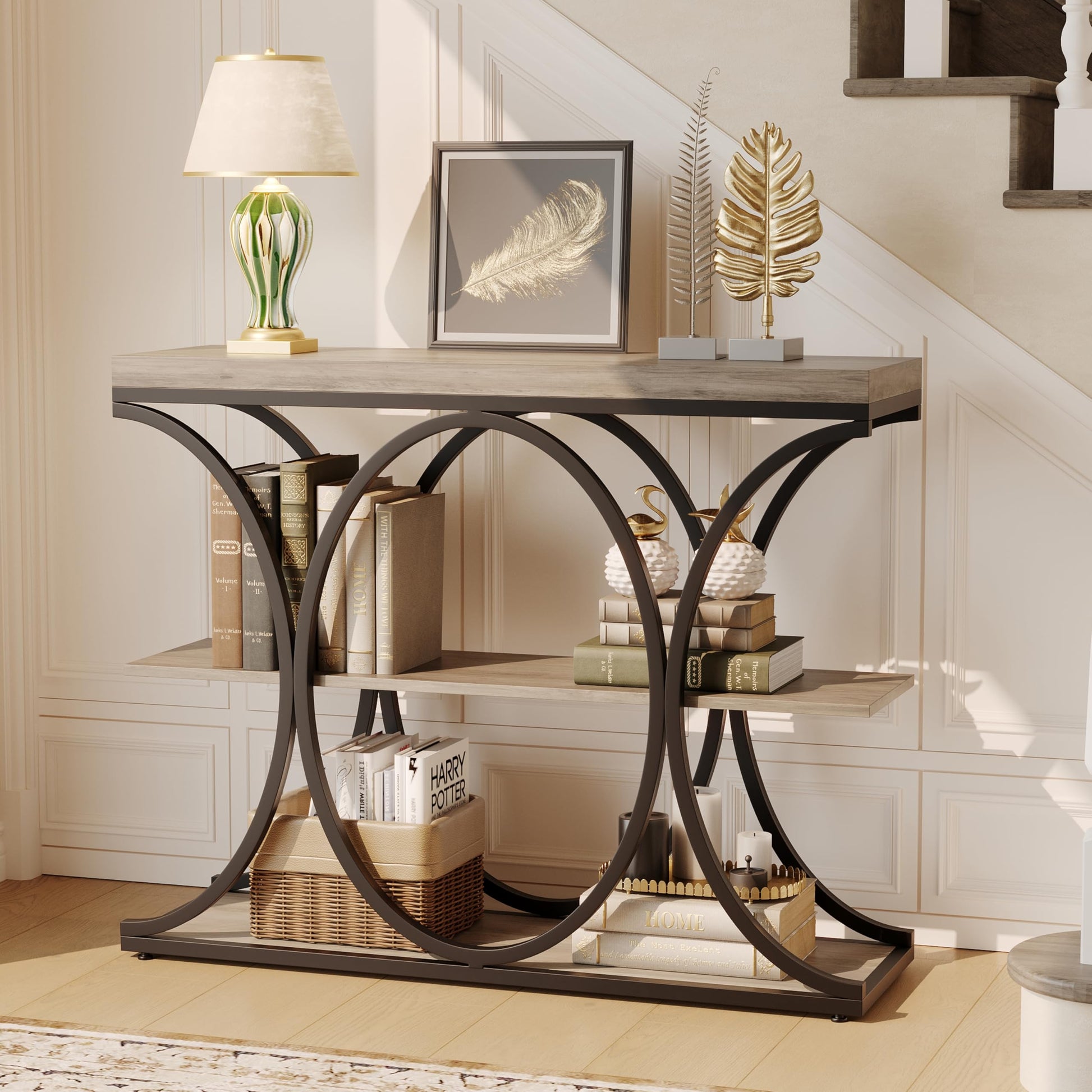 Console Garvee 99 cm (39 po), style industriel, rangement à 3 niveaux, structure en métal et bois, robuste et polyvalente, idéale pour l'entrée et le salon, 99 cm (39 po), marron