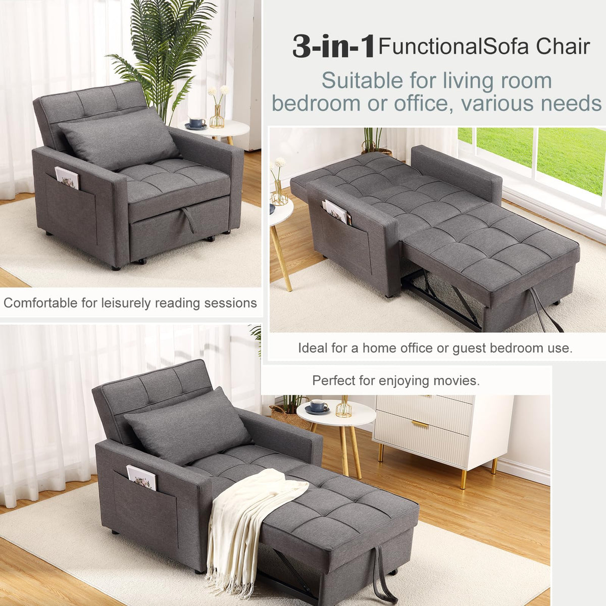 Canapé-lit/fauteuil convertible 3 en 1 Garvee, revêtement en lin, gain de place, 192 x 96 x 59 cm, gris