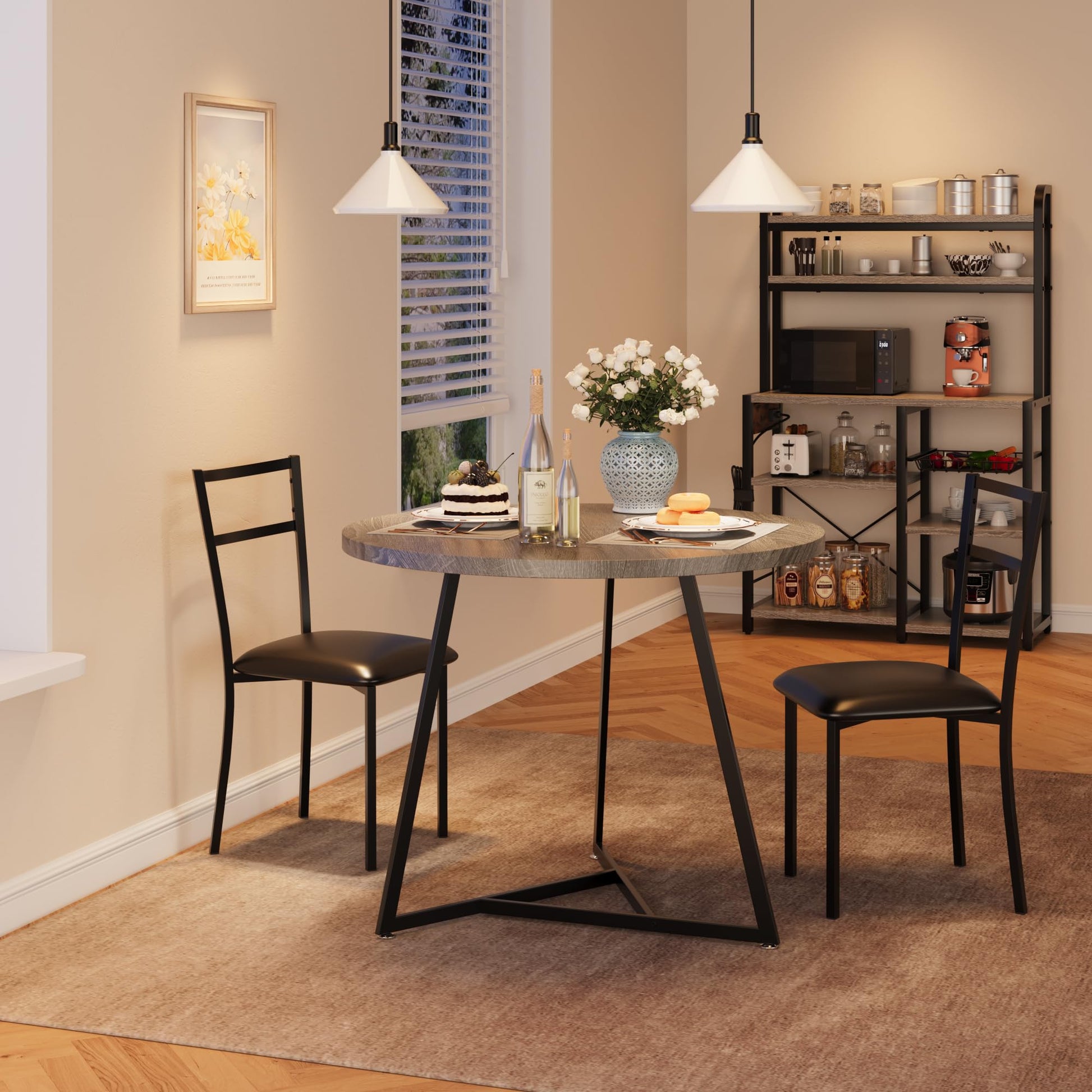 Table de salle à manger ronde Garvee pour 2 personnes avec 2 chaises rembourrées, structure métallique robuste, plateau en MDF, gris rétro, gain de place pour les petites pièces