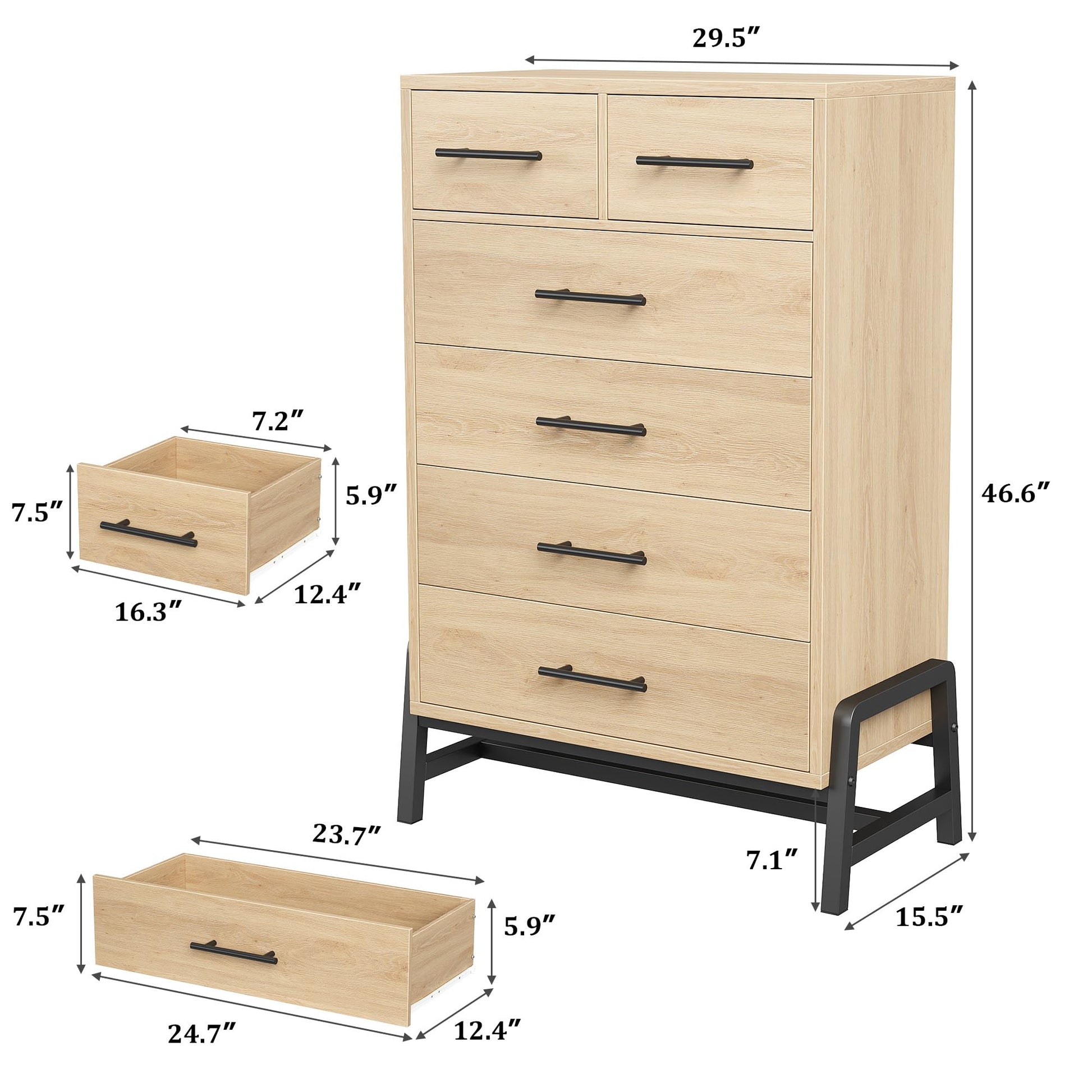 Commode Garvee en bois, autoportante, 5 tiroirs, armoire haute, poignées noires, idéale pour la chambre et le bureau. Robuste, polyvalente et au design moderne.