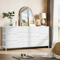 Garvee Meuble TV blanc 160 cm avec 14 tiroirs, prises électriques, pour chambre et salon, en tissu et bois, durable et anti-basculement