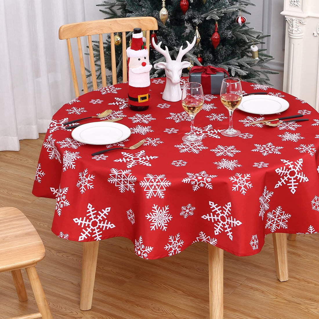 Nappe de Noël ronde Garvee à motif flocons de neige, déperlante, en polyester, rouge et blanche, 152 cm (60 pouces), décoration hivernale
