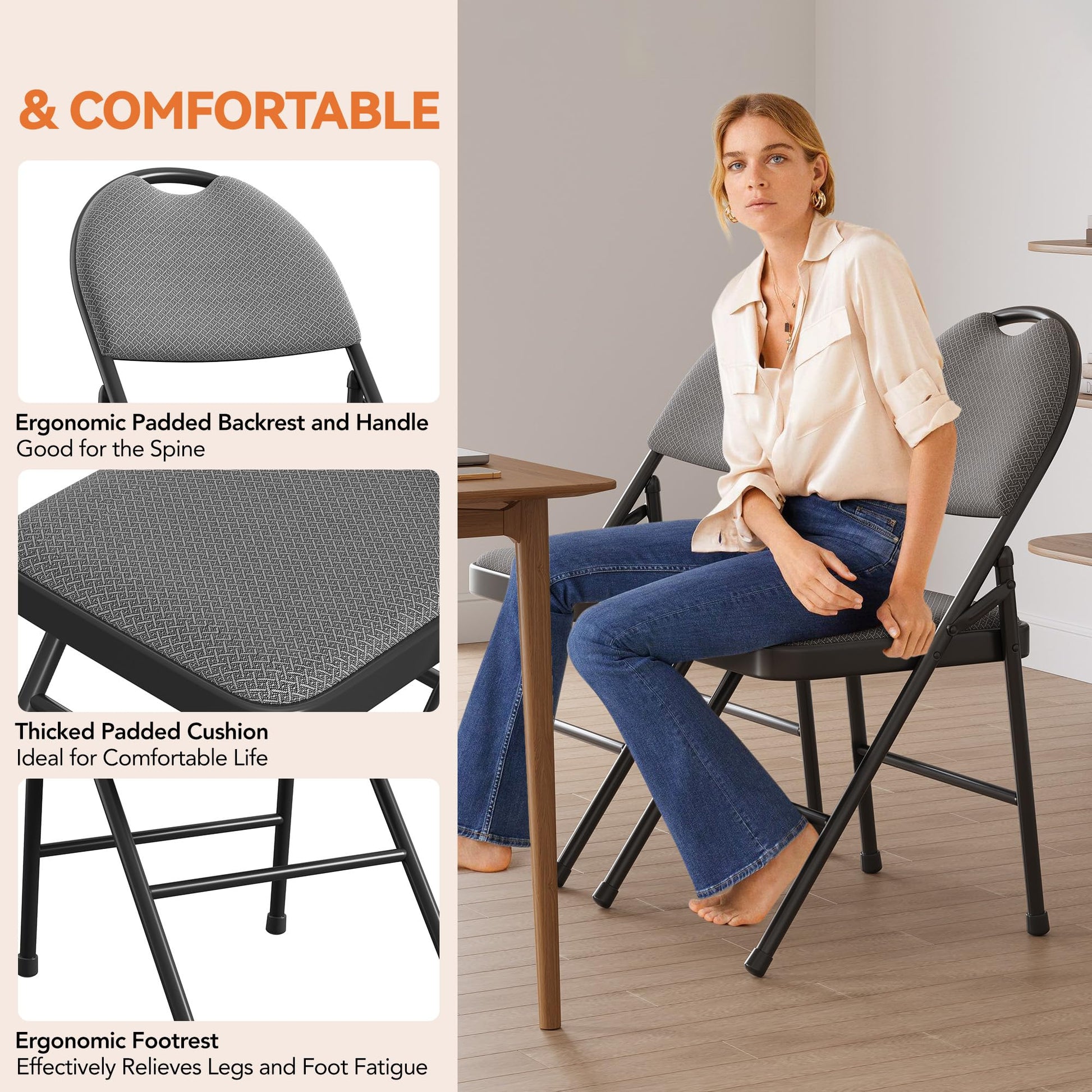 Ensemble de 4 chaises pliantes Garvee avec assises rembourrées, revêtement en coton et lin, structure métallique robuste, pliables et confortables pour la cuisine et le bureau.
