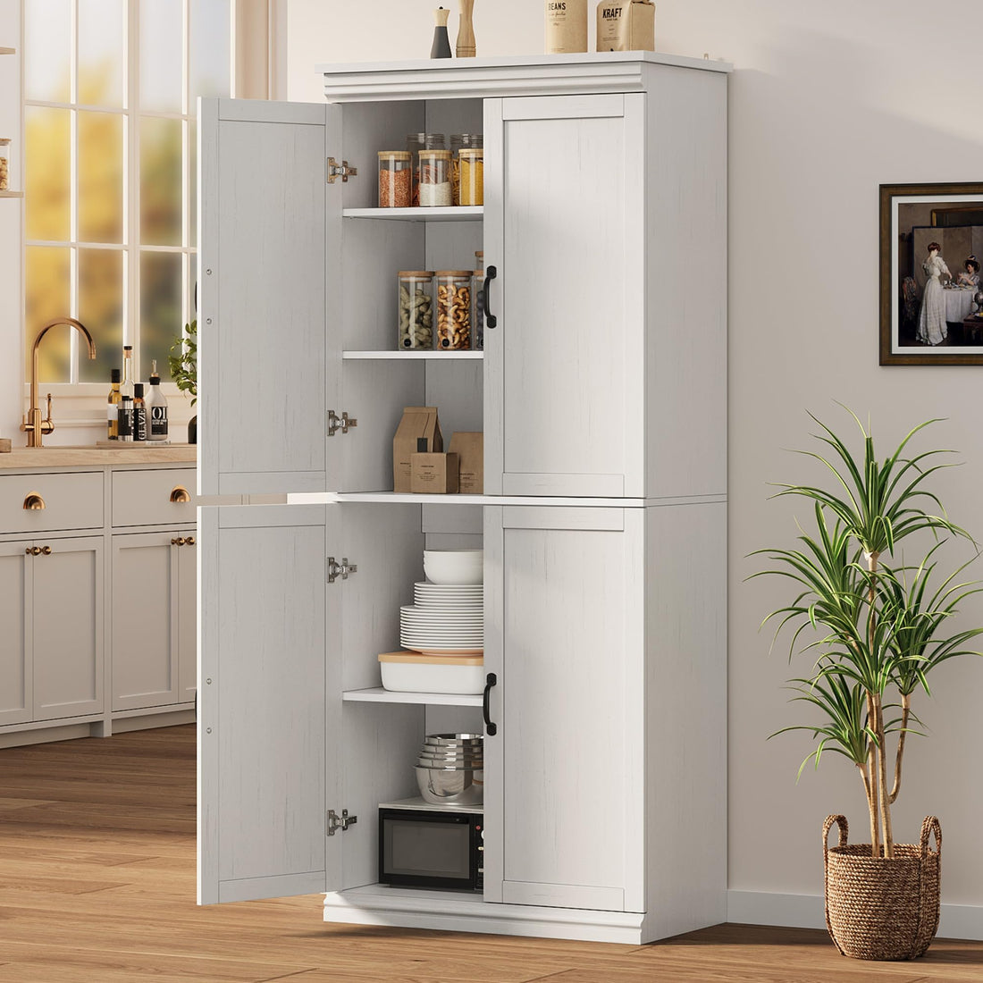 Armoire de rangement Garvee Pantry 70" avec portes et étagères réglables pour la cuisine et le salon, en MDF P2, robuste, anti-basculement, teinte bois neutre