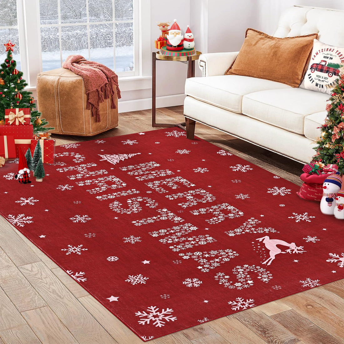 Tapis de salon Garvee, motif élan rouge, lavable et antidérapant, décoration de Noël pour chambre, cuisine, salle à manger, bureau, 120 x 170 cm, rouge