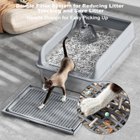 Bac à litière Garvee XL en acier inoxydable avec couvercle, profondeur 20 cm, antirouille, double tapis de litière, pour grands chats, gris