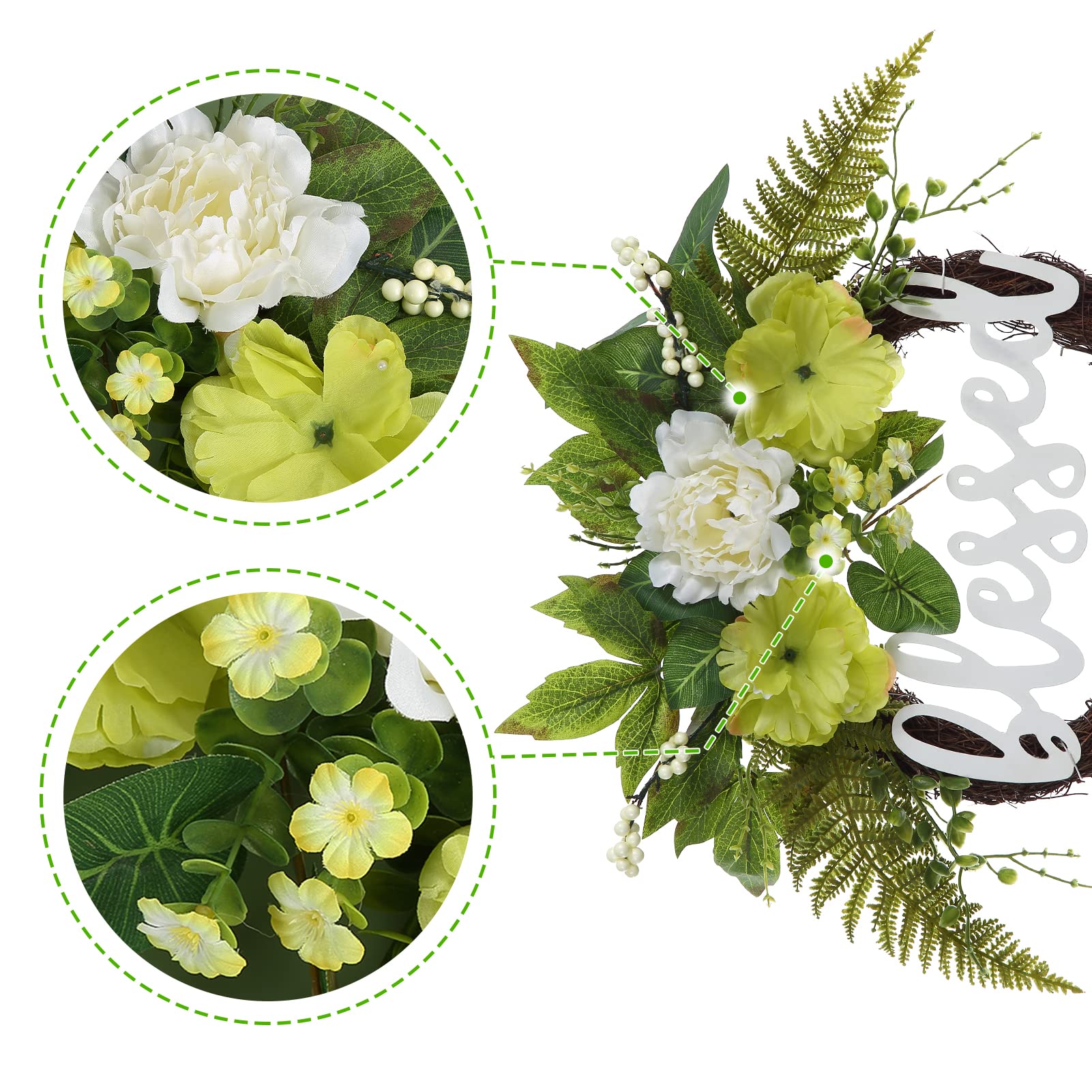 Couronne de porte Garvee Printemps-Été 61 cm (24 pouces) Hortensia vert, panneau « Béni », artificielle, faite à la main, résistante aux intempéries pour porte d'entrée et usage intérieur