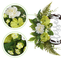 Couronne de porte Garvee Printemps-Été 61 cm (24 pouces) Hortensia vert, panneau « Béni », artificielle, faite à la main, résistante aux intempéries pour porte d'entrée et usage intérieur