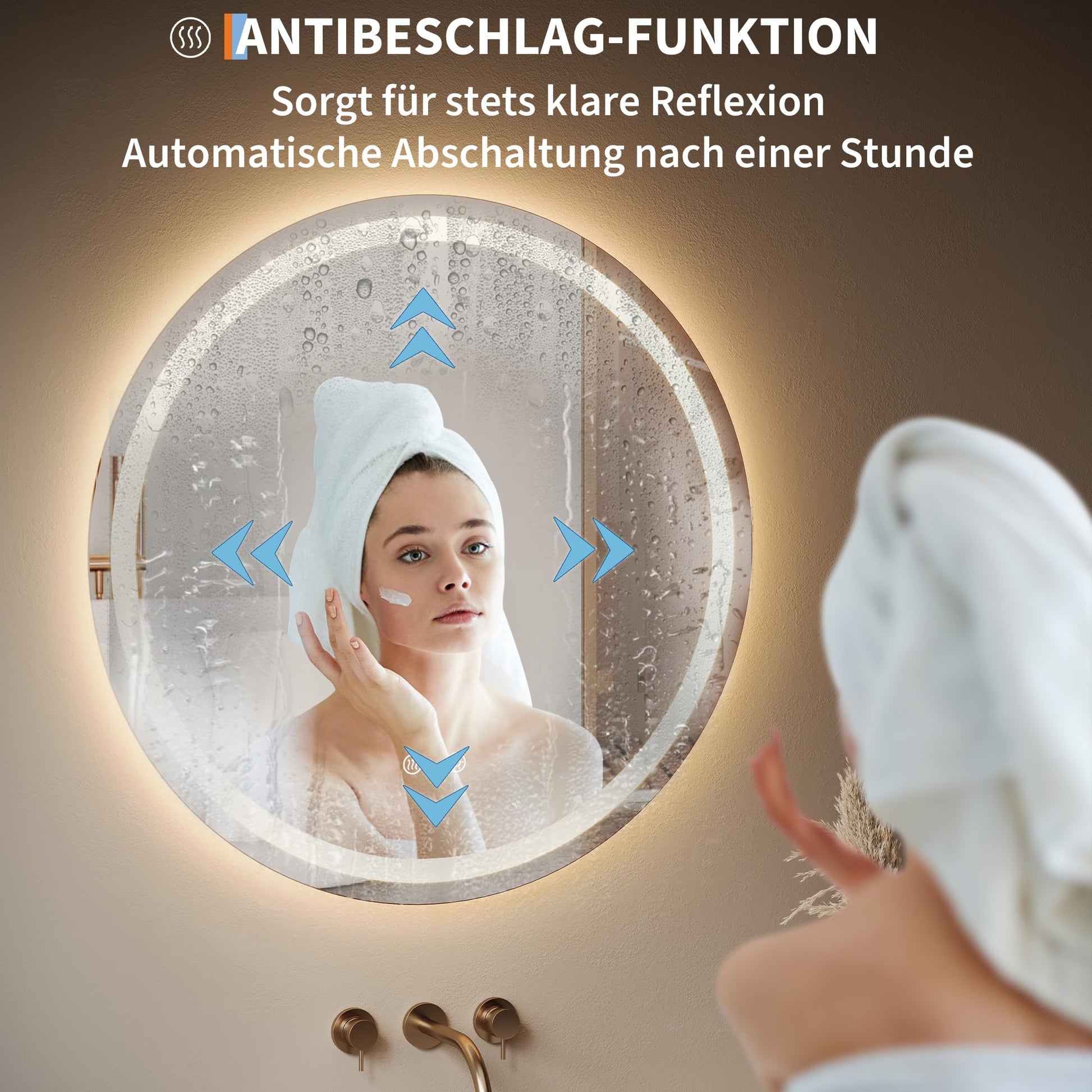 Miroir de maquillage lumineux Garvee, miroir de salle de bain rond de 60 cm avec éclairage LED, interrupteur tactile, verre incassable, intensité réglable et traitement antibuée.
