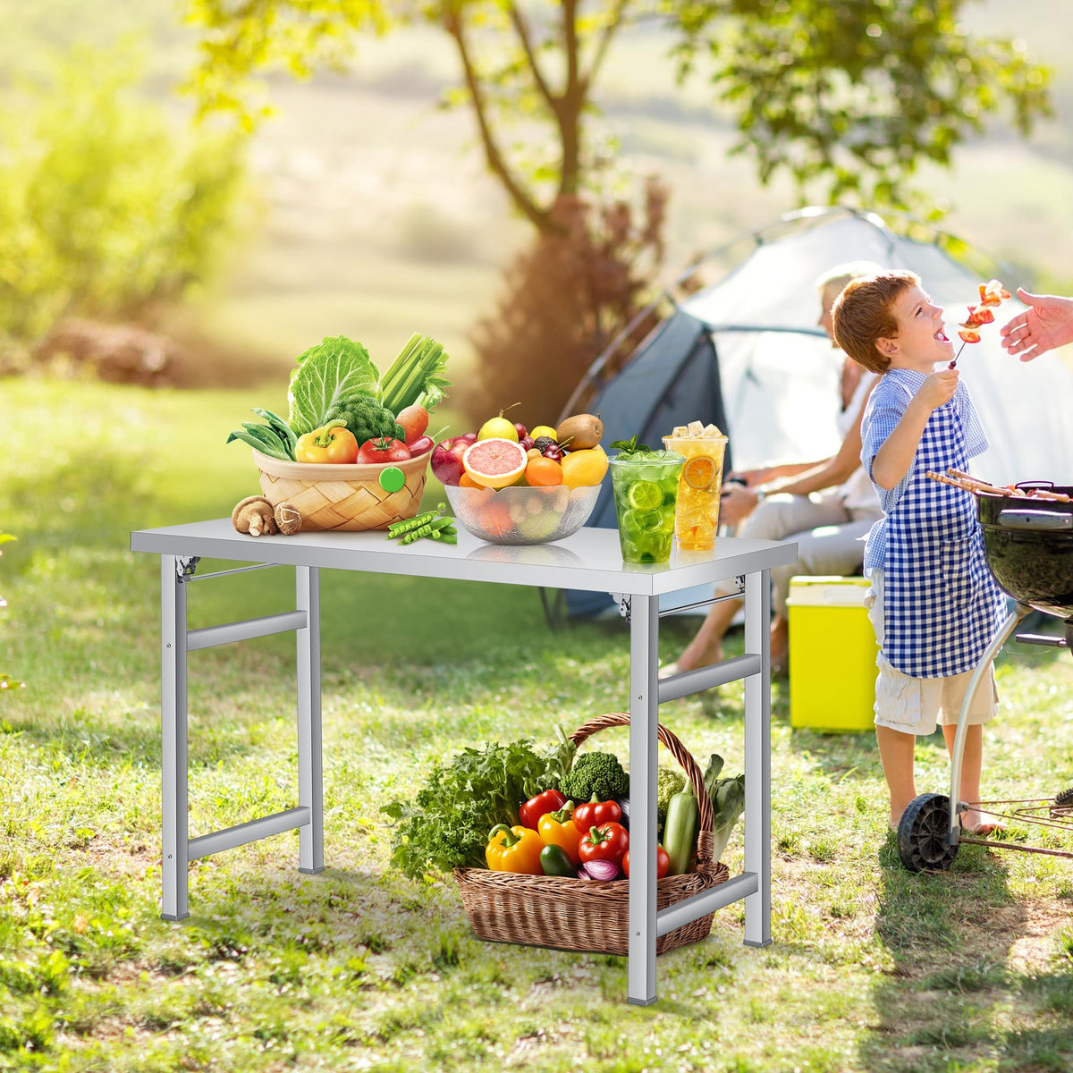 Garvee Table pliante 91×61cm en acier inoxydable avec étagère inférieure réglable pour cuisine, atelier, garage, dimensions 91cm, acier inoxydable