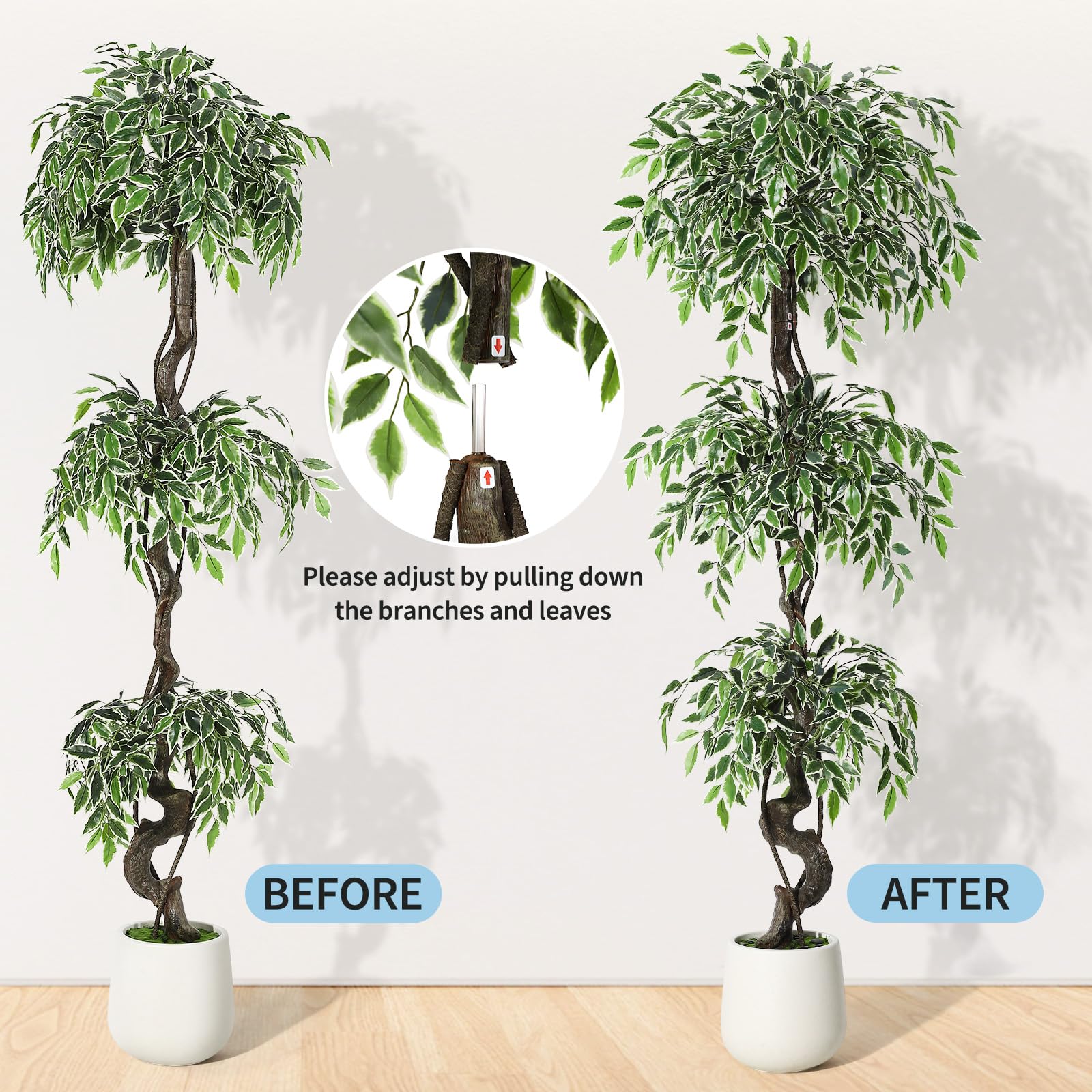 Garvee Ficus artificiel panaché blanc 180 cm en PE, feuillage réaliste et durable pour décoration intérieure et extérieure