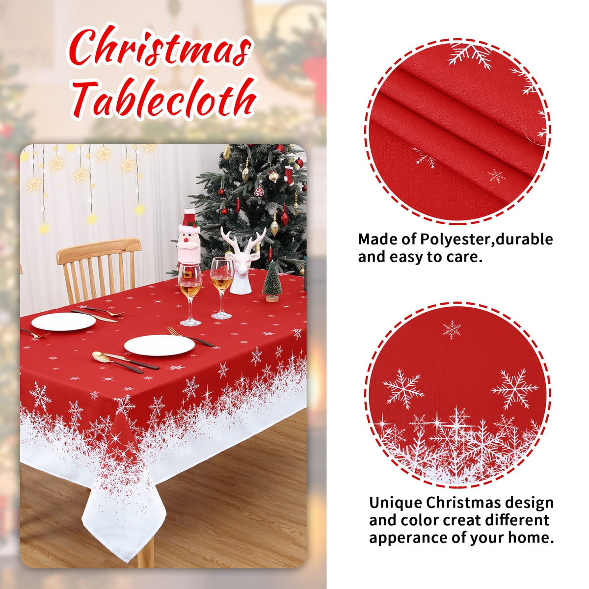 Garvee Nappe de table Noël imperméable et antidérapante en polyester rouge 1, 37 × 2, 01 m pour salle à manger festive