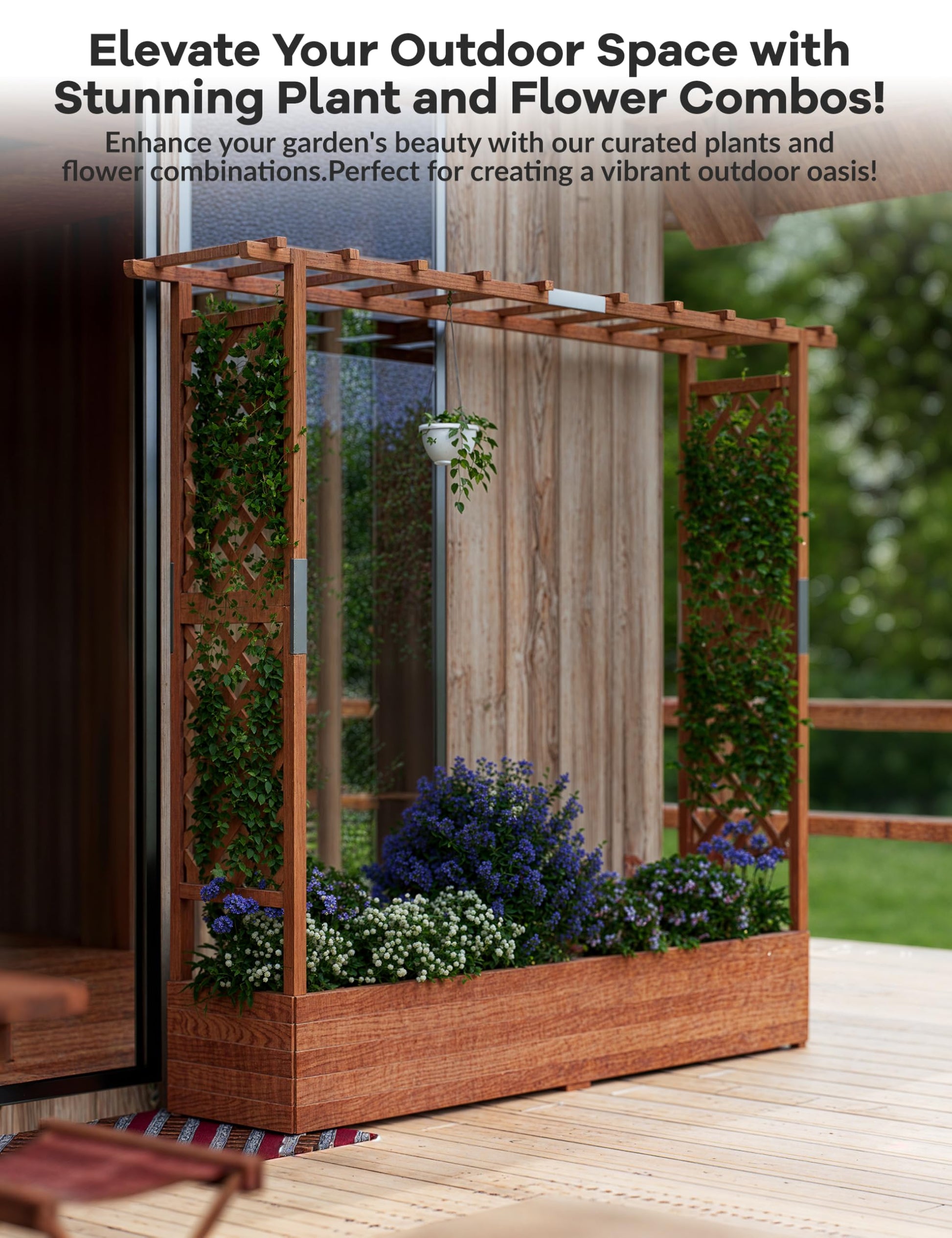 Garvee Jardinière surélevée avec treillis, bac à fleurs en bois de 183 cm (182,9 cm), toit suspendu, tous temps pour terrasse et balcon