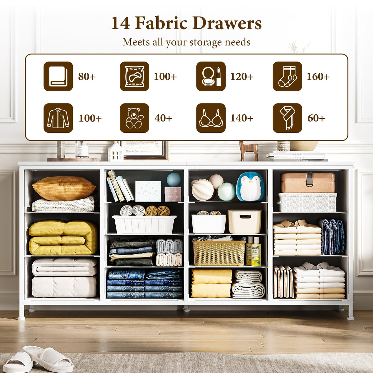 Garvee Meuble TV blanc 160 cm avec 14 tiroirs, prises électriques, pour chambre et salon, en tissu et bois, durable et anti-basculement