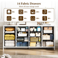 Garvee Meuble TV blanc 160 cm avec 14 tiroirs, prises électriques, pour chambre et salon, en tissu et bois, durable et anti-basculement
