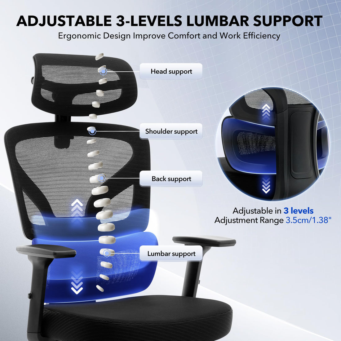 Garvee Chaise de Bureau Ergonomique en Maille avec Repose-Pieds et Soutien Lombaire Réglables, Chaise Gaming pour Bureau et Télétravail, Structure Métallique Noire