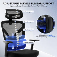Chaise de bureau ergonomique Garvee en maille avec repose-pieds et soutien lombaire réglables, idéale pour le bureau et le gaming. Structure en métal, noire, réglable.