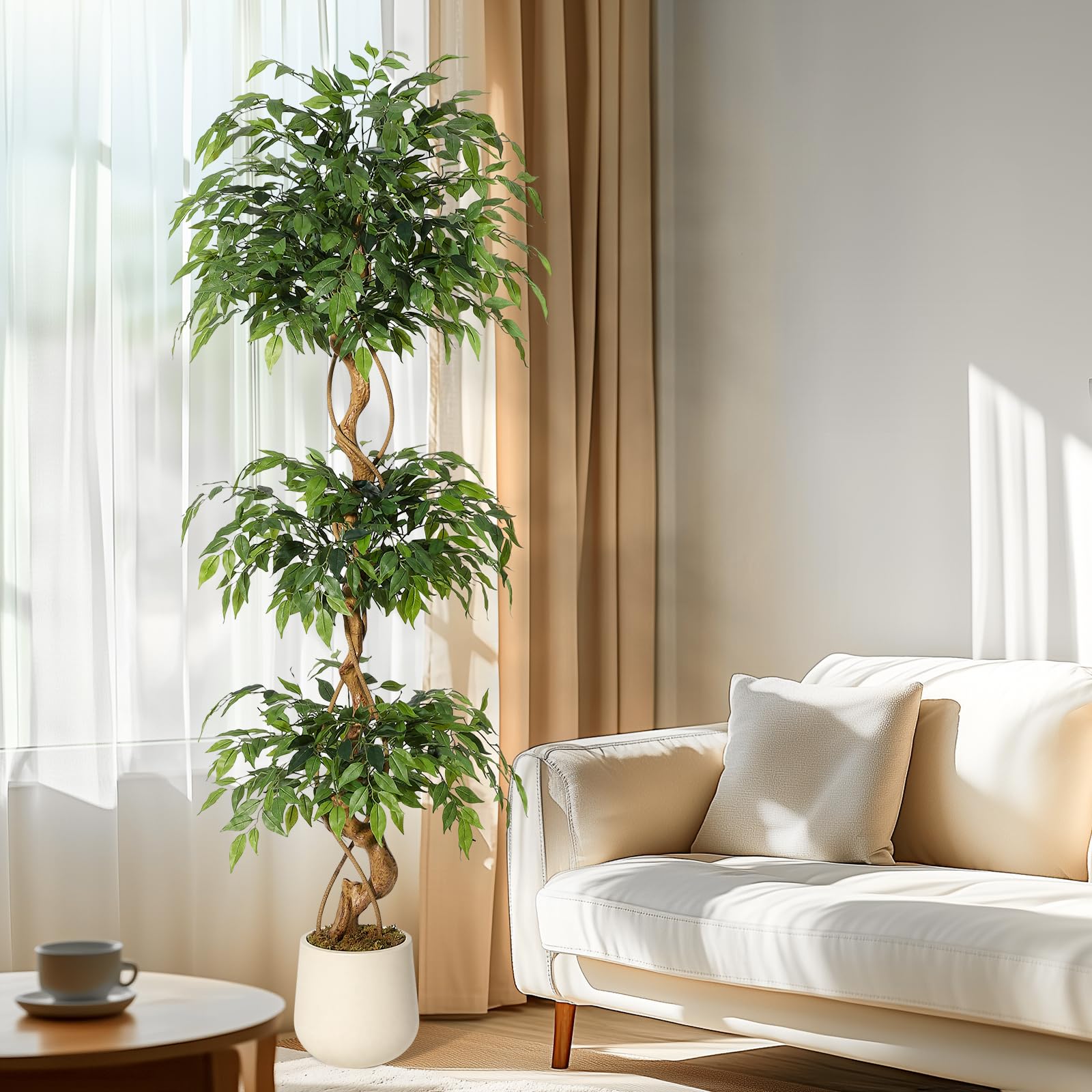 Garvee Ficus Artificiel 180 cm, Arbre Décoratif Réaliste avec 1449 Feuilles en Soie et Tronc en Bois Naturel pour Salon et Bureau