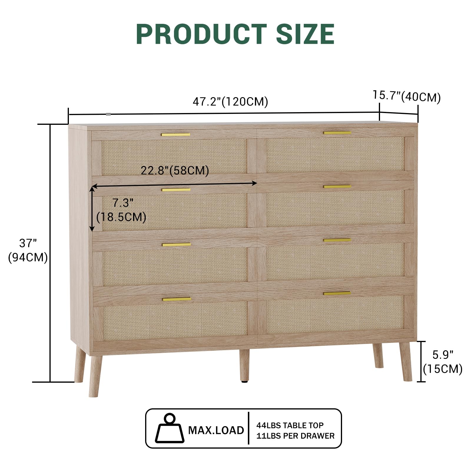 Commode Garvee en rotin à 8 tiroirs, spacieuse et robuste, pour chambre et entrée, coloris naturels