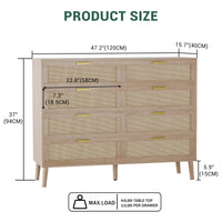 Commode Garvee en rotin à 8 tiroirs, spacieuse et robuste, pour chambre et entrée, coloris naturels