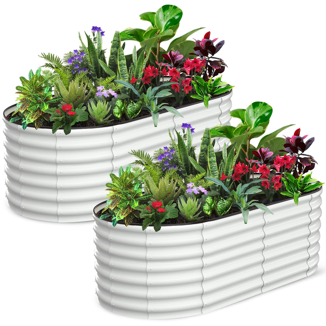 Garvee Lot de 2 Jardinières Surélevées Ovales 183 × 91 × 61 cm, Acier Galvanisé Blanc, Bacs Potagers Anticorrosion avec Fond Ouvert, Montage Sans Outil, Jardin et Terrasse