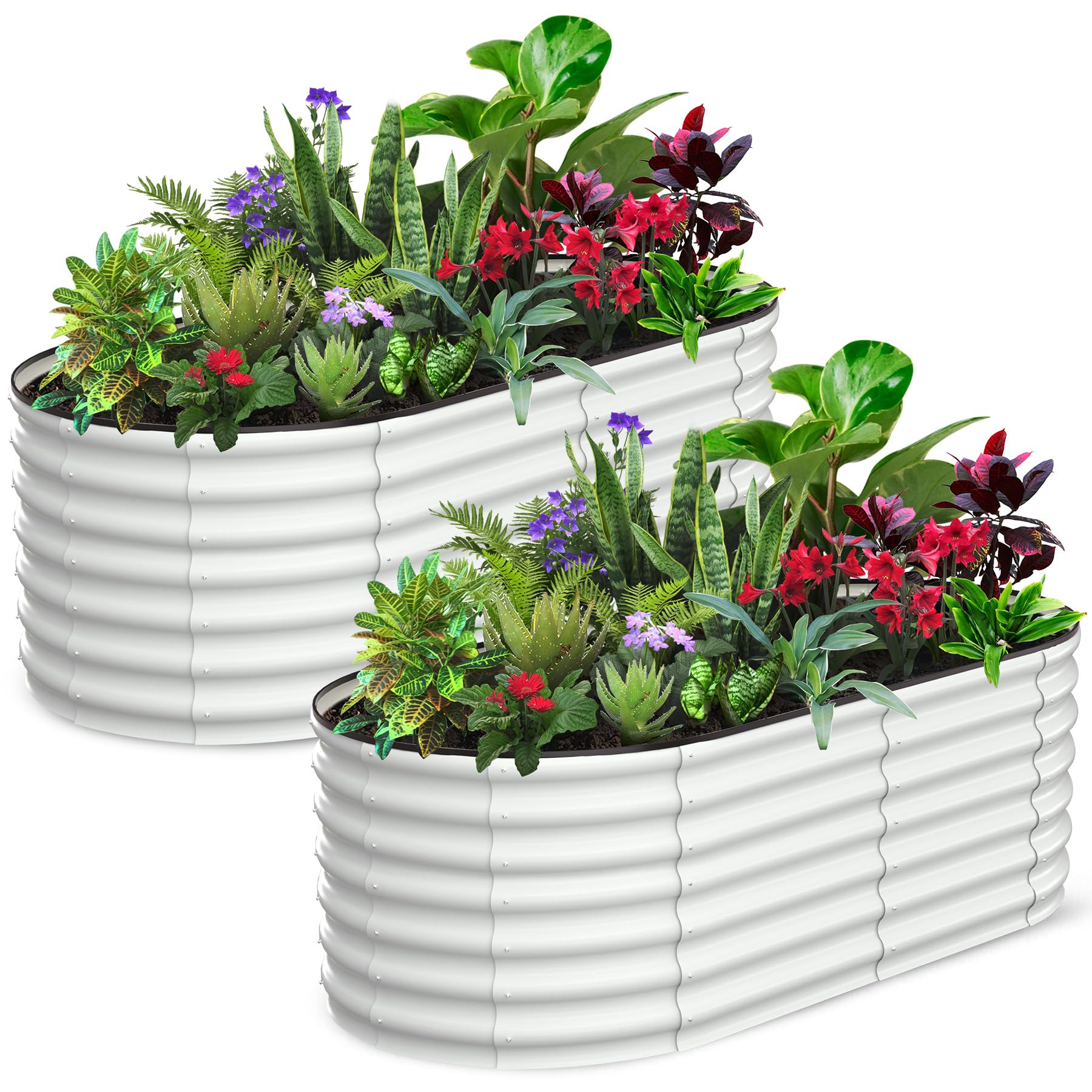 Garvee Lot de 2 Jardinières Surélevées Ovales 183 × 91 × 61 cm, Acier Galvanisé Blanc, Bacs Potagers Anticorrosion avec Fond Ouvert, Montage Sans Outil, Jardin et Terrasse