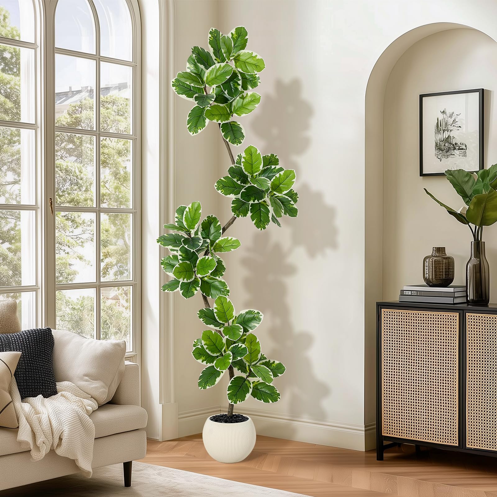 Ficus lyrata artificiel Garvee de 2,13 m (7 pi) avec pot en béton et mousse, idéal pour le salon et le bureau. Facile d'entretien, flexible, feuilles réalistes, vert.
