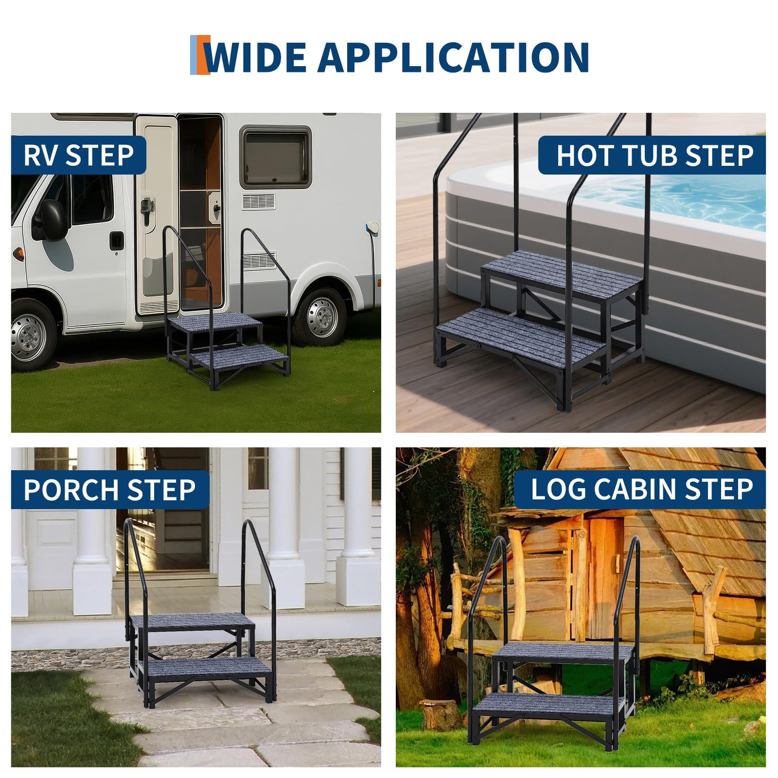 Escalier portable Garvee à 2 marches pour camping-cars, avec rampes, tapis antidérapants, en acier, stable et polyvalent, pour caravanes et piscines.