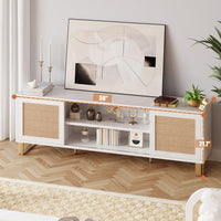 Garvee Meuble TV en rotin blanc moderne 168 cm avec rangement, portes en rotin, pieds dorés pour salon et chambre