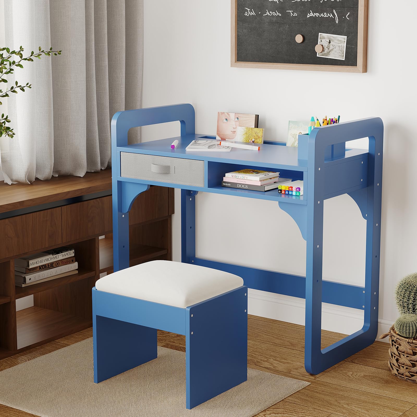 Ensemble bureau enfant Garvee avec rangement, tabouret rembourré, bois, robuste et durable, bleu, pour chambre d'enfant