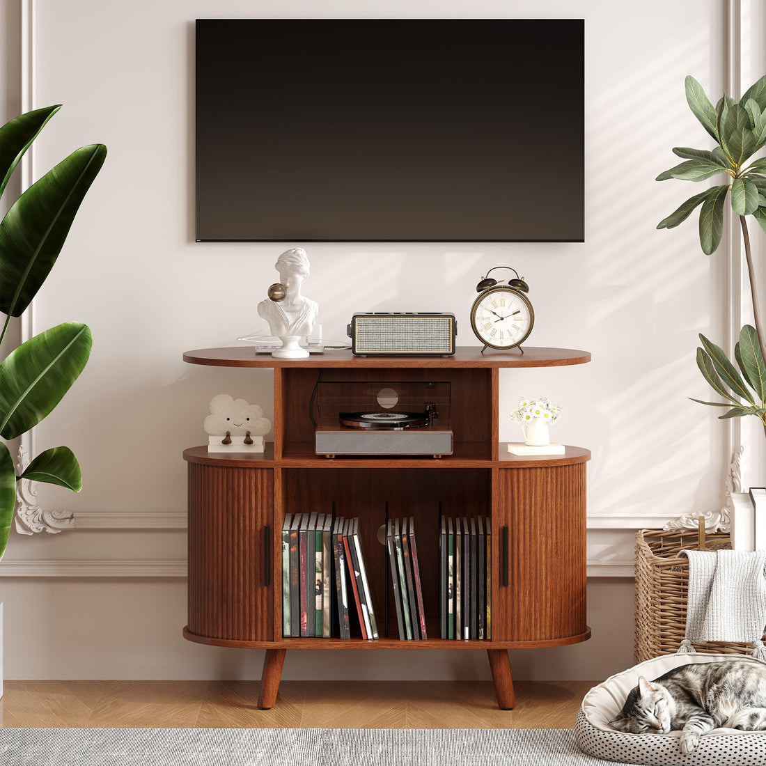 Garvee Meuble pour platine vinyle 89 cm avec station de charge, rangement pour 300 disques, design ondulé moderne, finition noyer