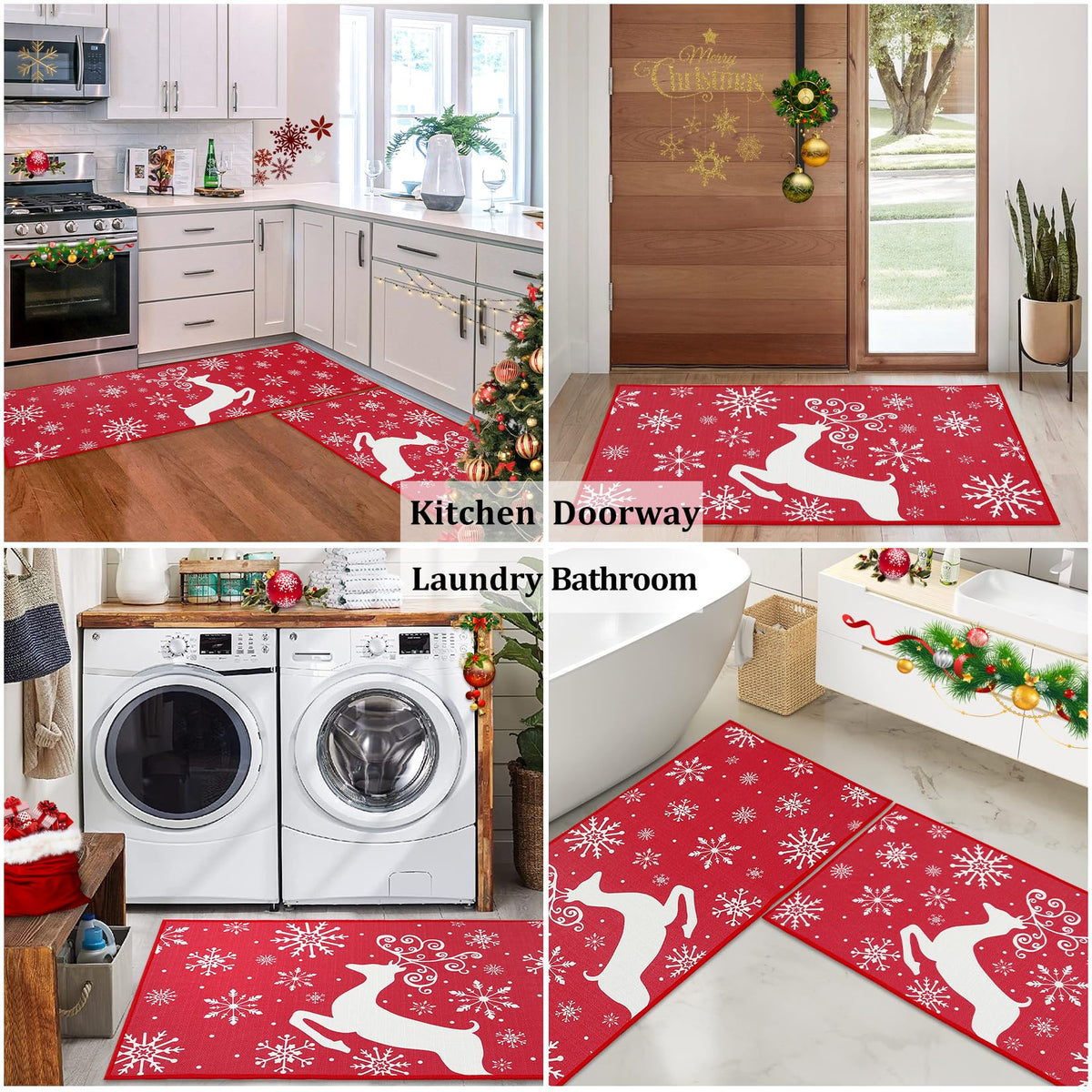 Garvee Sneeuwvlok Eland Kerst Keukentapijt Set 2 Antidérapant Lavable Hiver Rouge 40x60+40x120 cm Décoration de Noël Maison