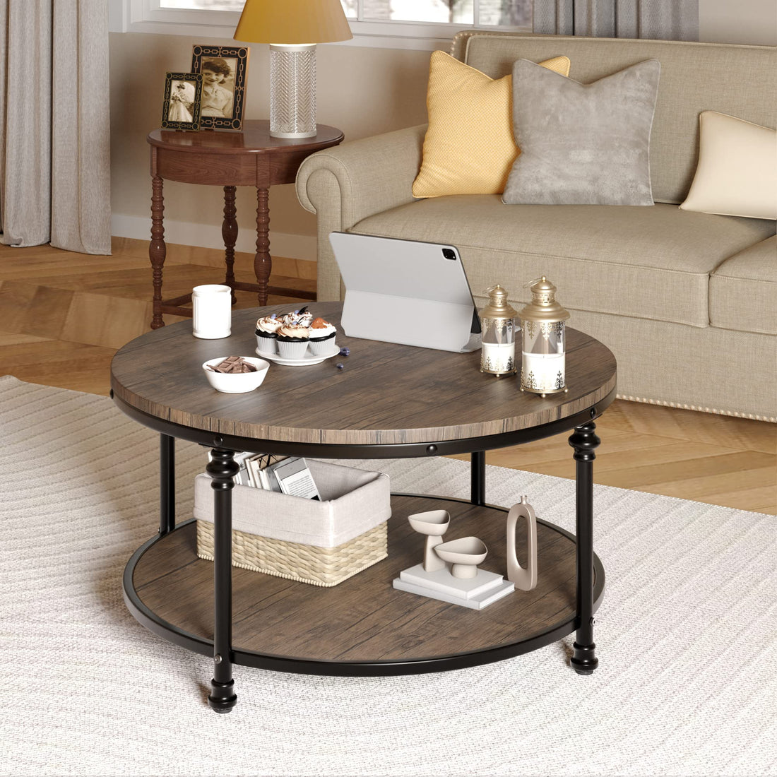 Table basse ronde Garvee à 2 niveaux avec rangement, bois et métal, 77,5 x 45,7 cm, salon et appartement, résistante aux rayures, style moderne