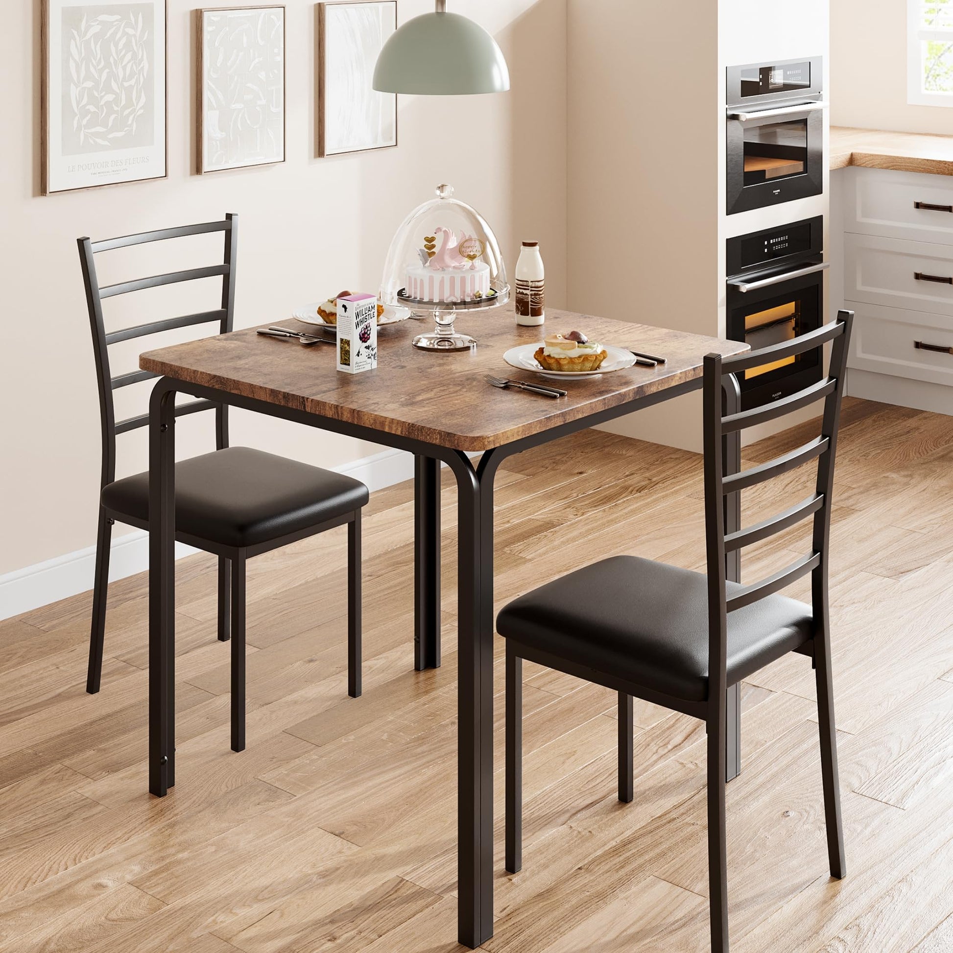 Ensemble de salle à manger Garvee 3 pièces pour 2 personnes avec chaises rembourrées, MDF et métal, gain de place pour la cuisine et le bureau, design moderne et robuste, noir